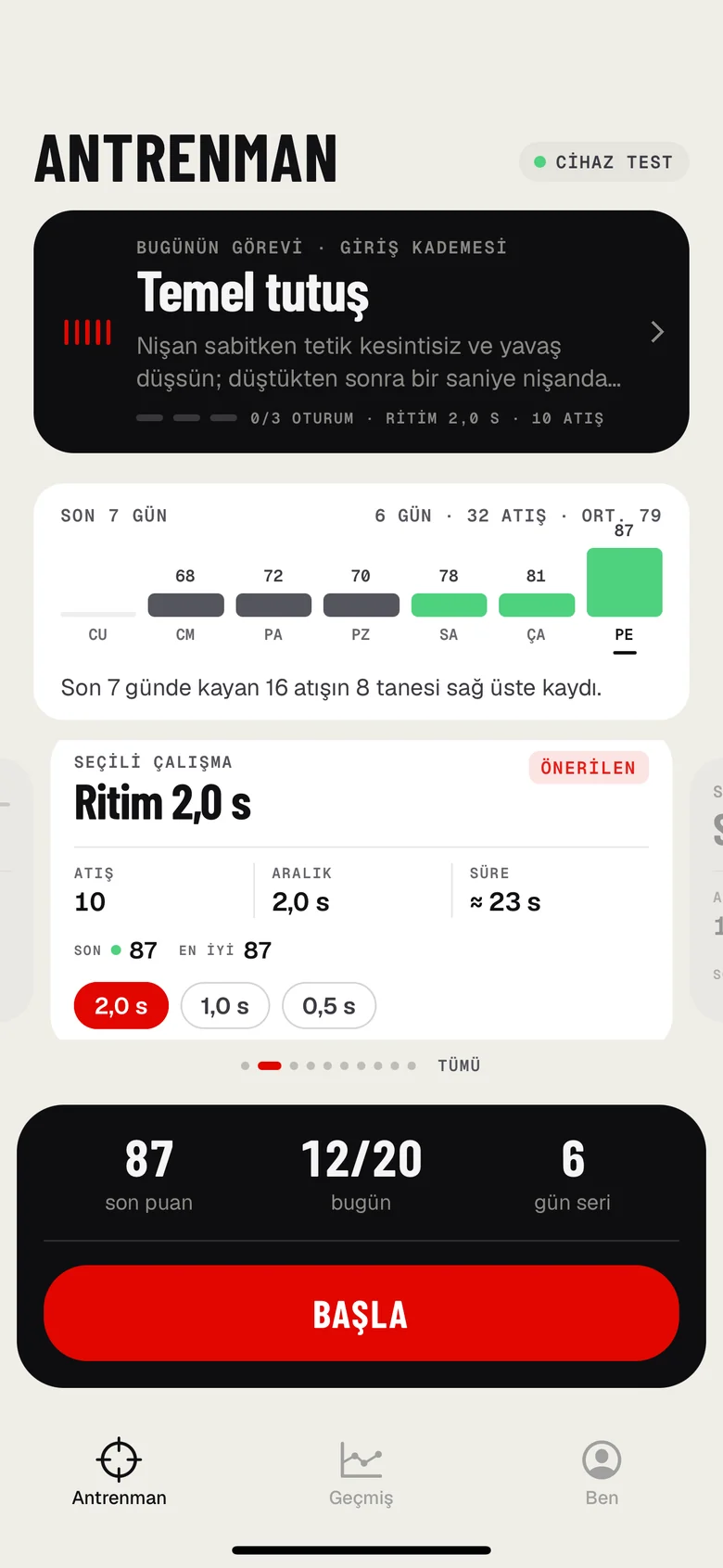 Valar Sense ana ekranı: bugünün görevi, son 7 günün puanları, günlük hedef ve seri