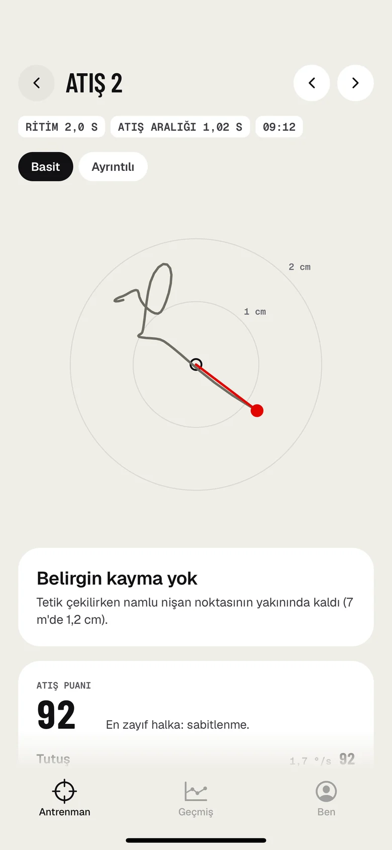 Tek atışın hareket izi: gri salınım ve kırmızı tetik kayması