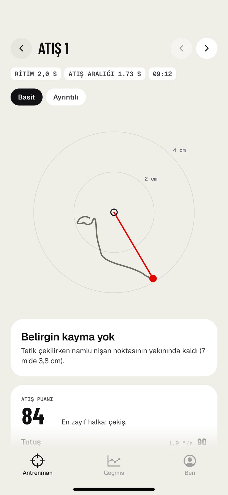 Atış ayrıntısı: hareket izi ve açıklama kartı